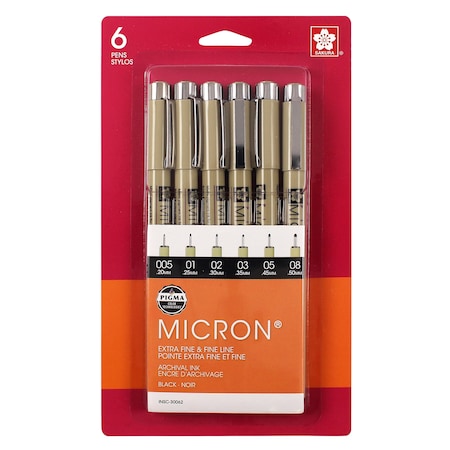 Sakura Pigma Micron Pen 6 pc set 005, 01, 02, 03, 05, 08, Black, 6PK 30062